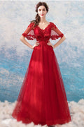 Burgundy v neck tulle lace long prom dress, burgundy tulle formal dress