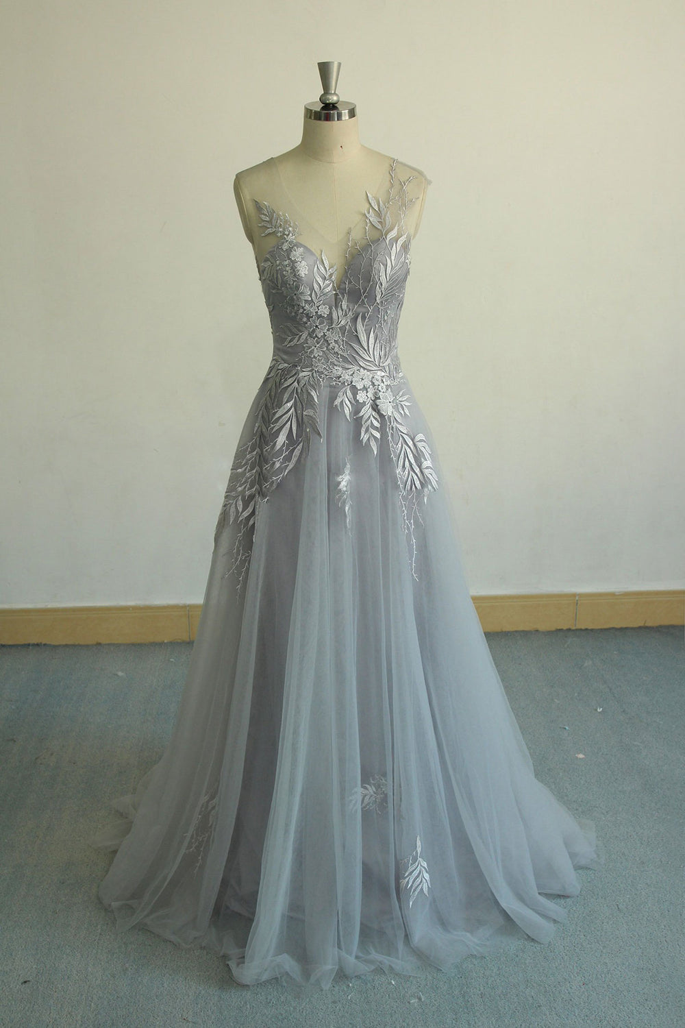 Gray v neck tulle lace long prom dress, gray evening dress