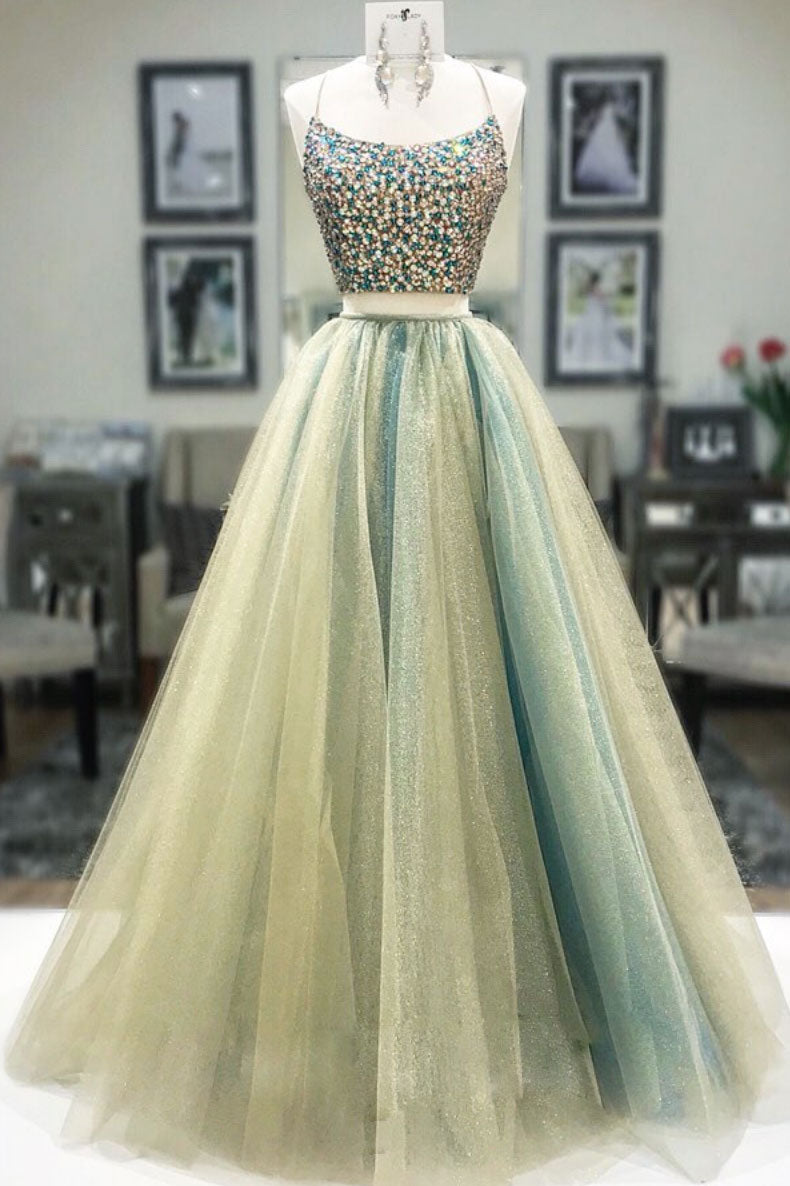Unique two pieces tulle beads long prom dress, tulle formal dress