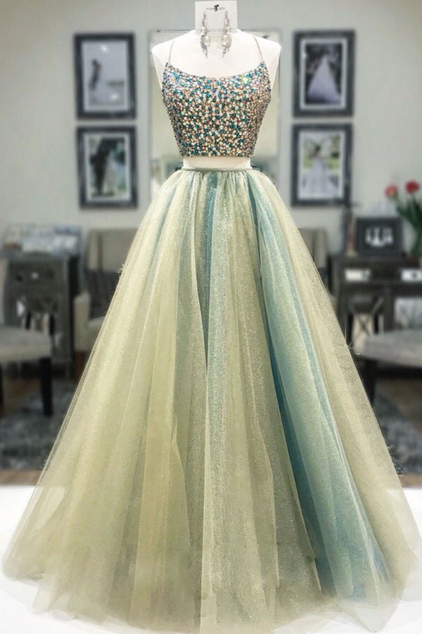 Unique two pieces tulle beads long prom dress, tulle formal dress