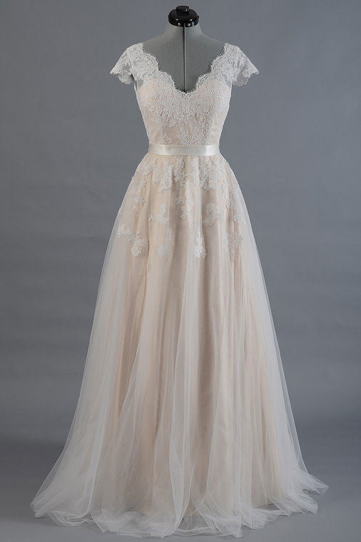 A-line champagne tulle lace long prom dress, lace wedding dress