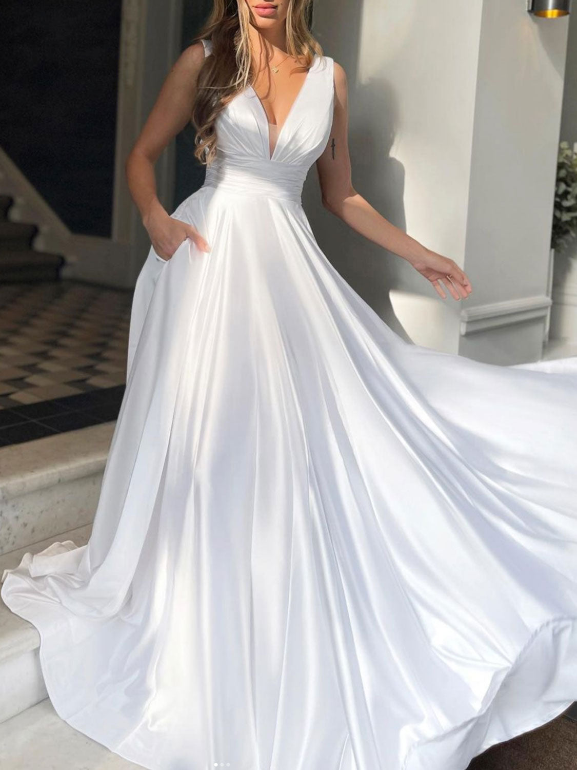 Simple v neck white Aline satin long prom dress, white evening dress