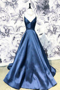 Simple v neck dark blue long prom dress, blue evening dress