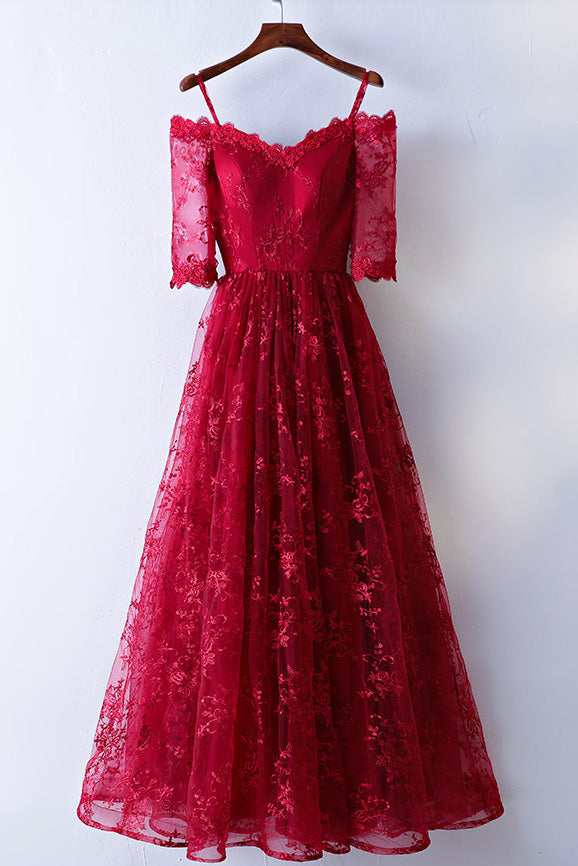 Pretty burgundy lace long prom dress, burgundy lace evening dress