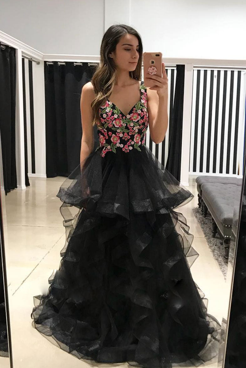 Black tulle lace applique long prom dress, black tulle evening dress
