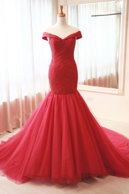 Red tulle mermaid long prom dress, red evening dress