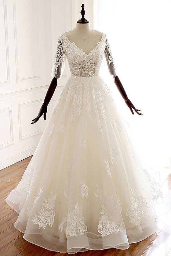 White v neck tulle lace long prom dress, white tulle wedding dress
