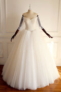 Light champagne off shoulder tulle beads long prom dress, wedding dress
