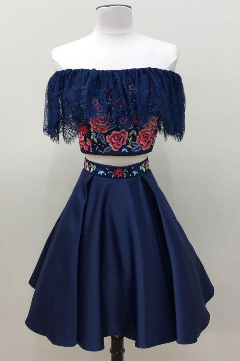 Dark blue lace short prom dress, dark blue homecoming dress