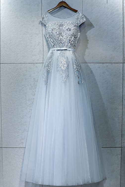 Gray round neck lace tulle long prom dress, gray evening dress
