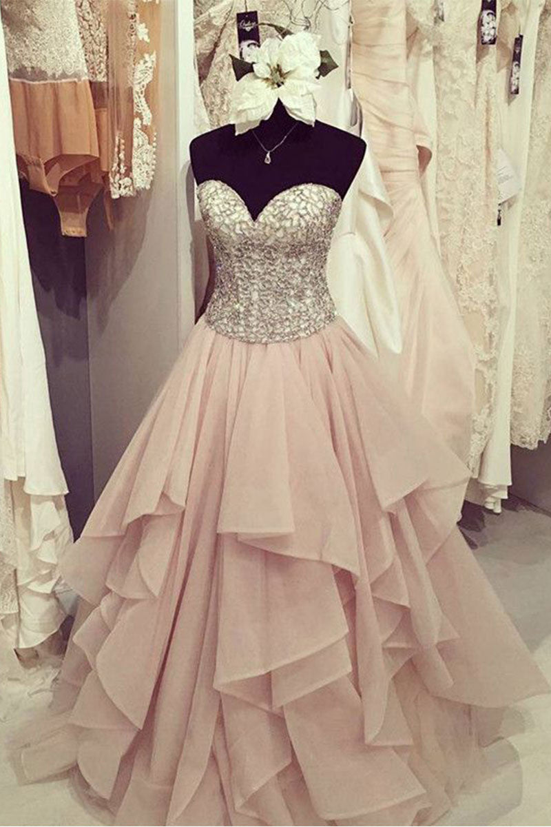 Pink sweetheart neck chiffon long prom dress, pink formal dress