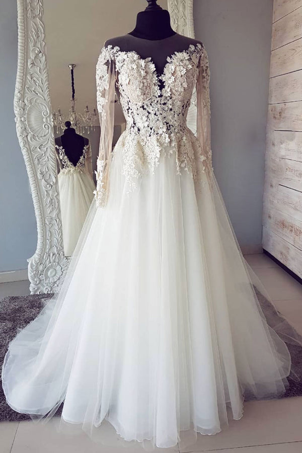 White round neck lace applique long prom dress, white wedding dress