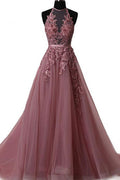 Unique tulle lace applique long prom dress, tulle evening dress