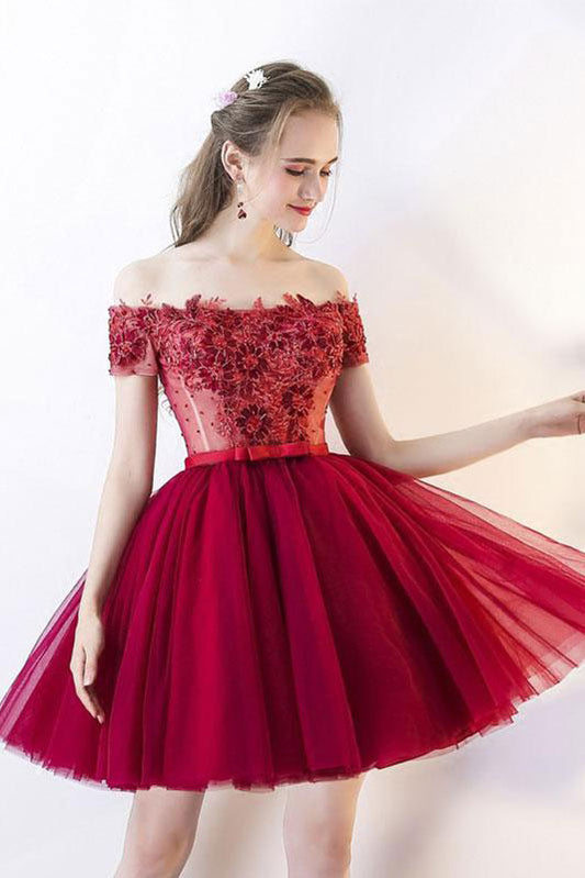 Cute burgundy tulle lace applique short prom dress, burgundy homecoming