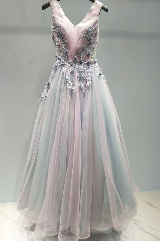 Unique v neck tulle lace applique long prom dress, evening dress