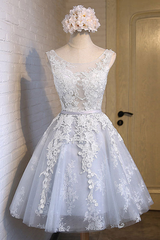 Gray round neck tulle lace applique short prom dress