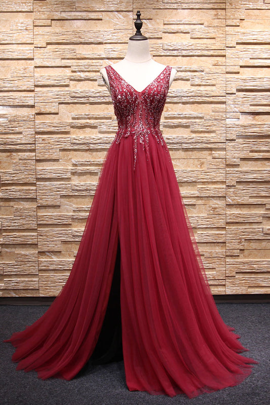 Burgundy v neck beads tulle long prom dress, burgundy evening dress