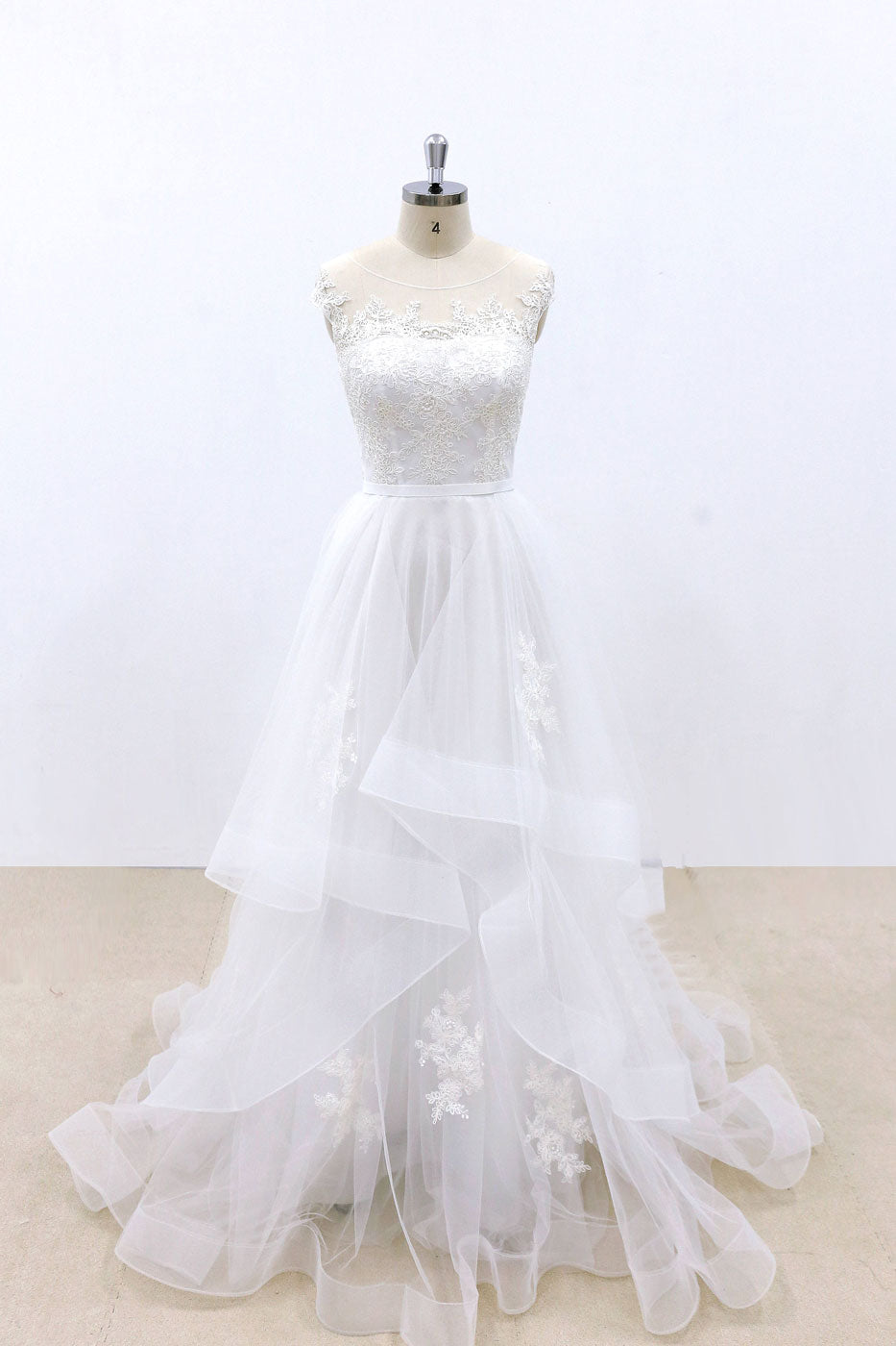 White round neck tulle lace long prom dress, white lace wedding dress