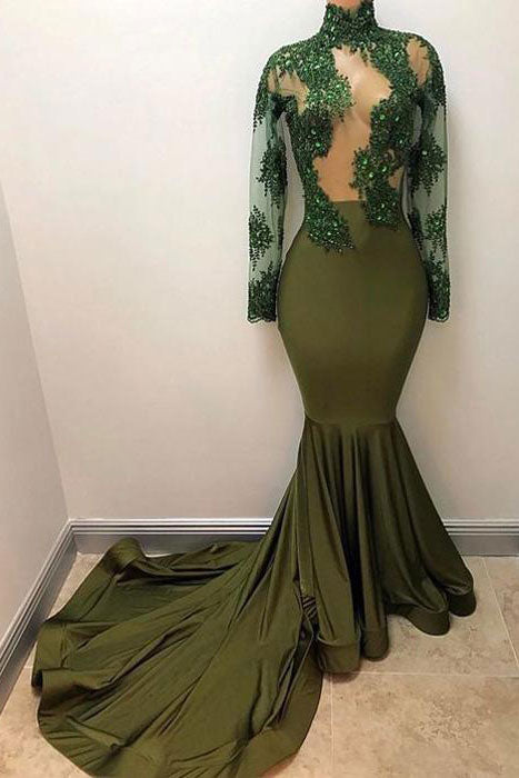 Green lace mermaid long prom dress, green evening dress