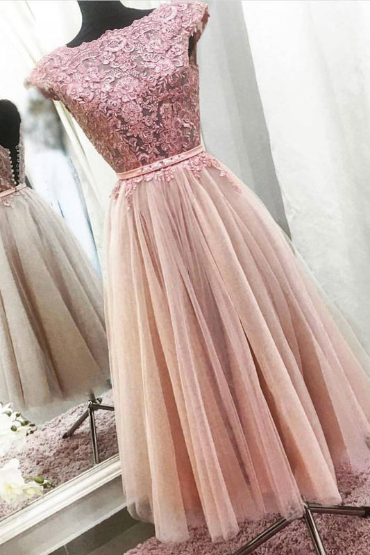 Pink lace tulle tea length pink prom dress, lace pink evening dress