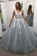 Gray v neck tulle lace long prom dress, gray tulle evening dress