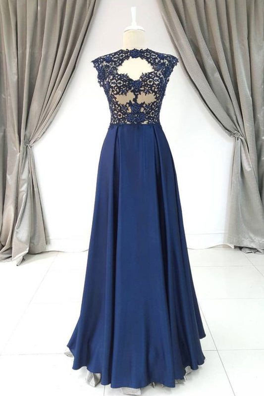 Elegant A-line lace satin blue long prom dress, blue lace evening dress