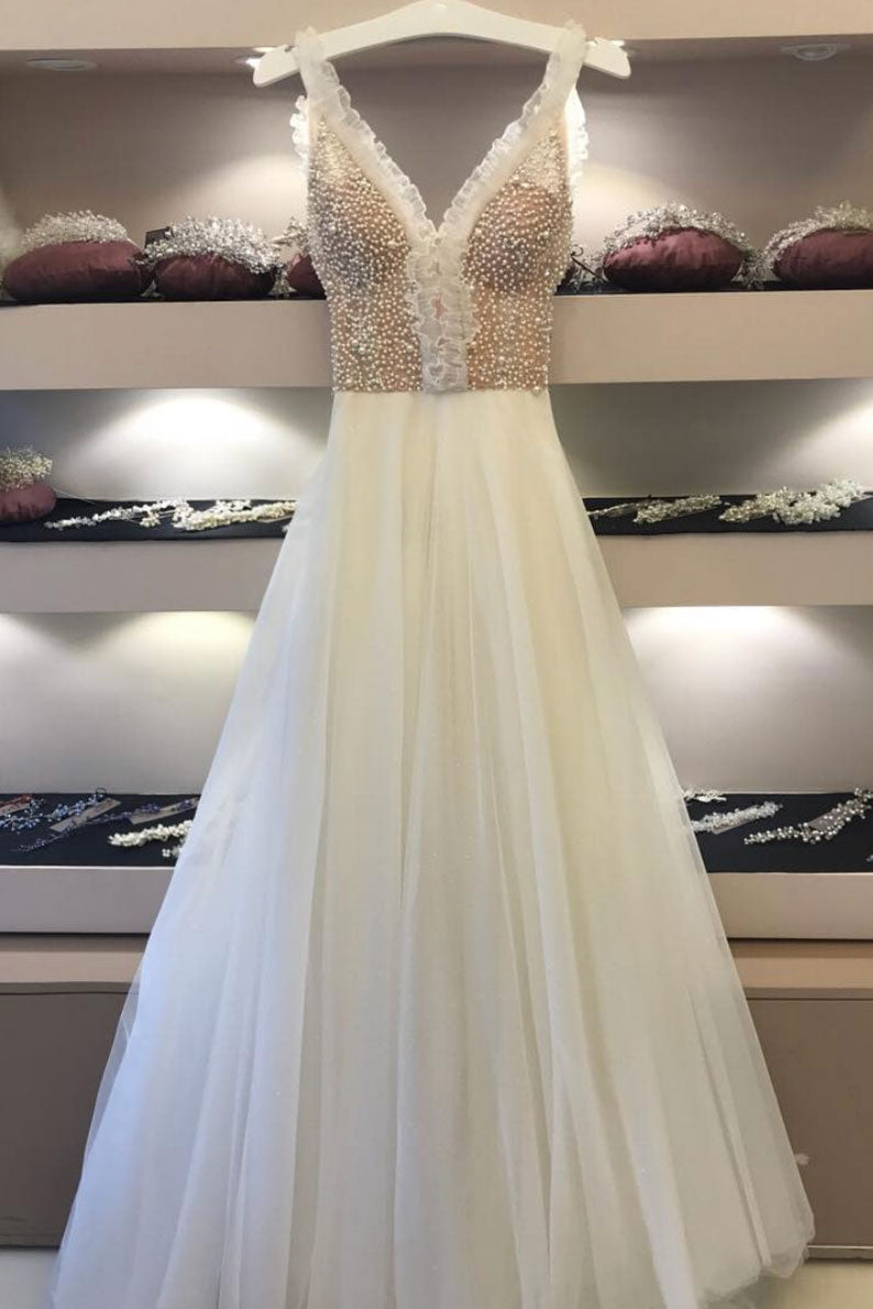 White v neck beads tulle long prom dress, white evening dress