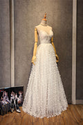 White v neck lace long prom dress, white lace evening dress
