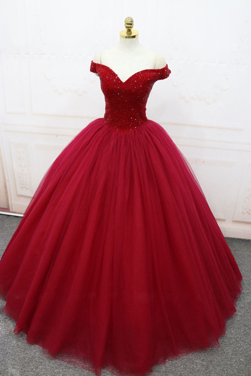 burgundy off shoulder tulle long prom dress, tulle evening dress