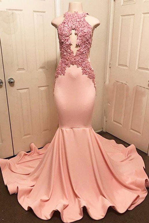 Unique pink lace mermaid long prom dress, pink evening dress