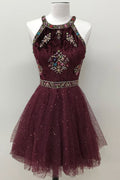 Unique round neck tulle beads short prom dress, burgundy homecoming dress