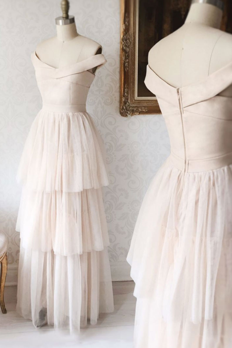 Simple champagne tulle long prom dress, champagne evening dress