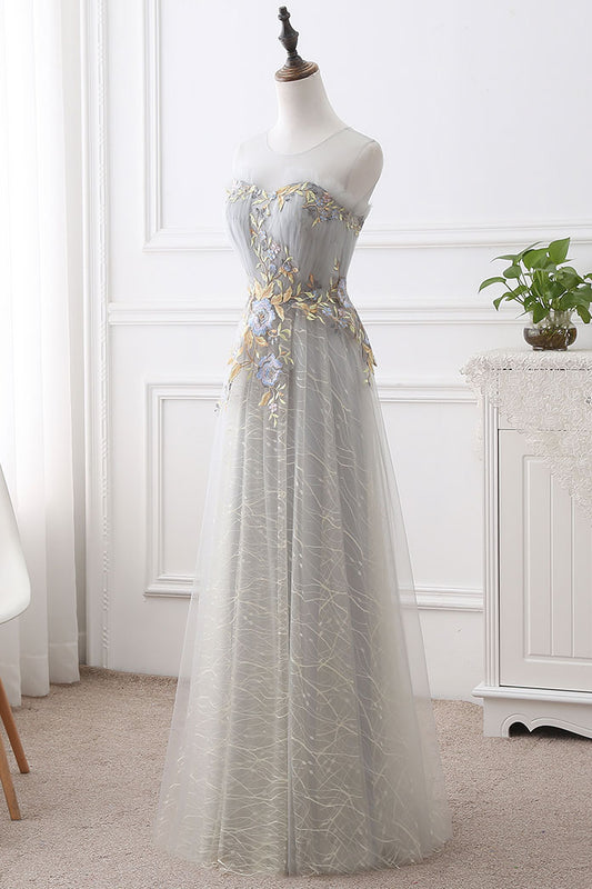 Cute gray round neck tulle long prom dress, evening dress