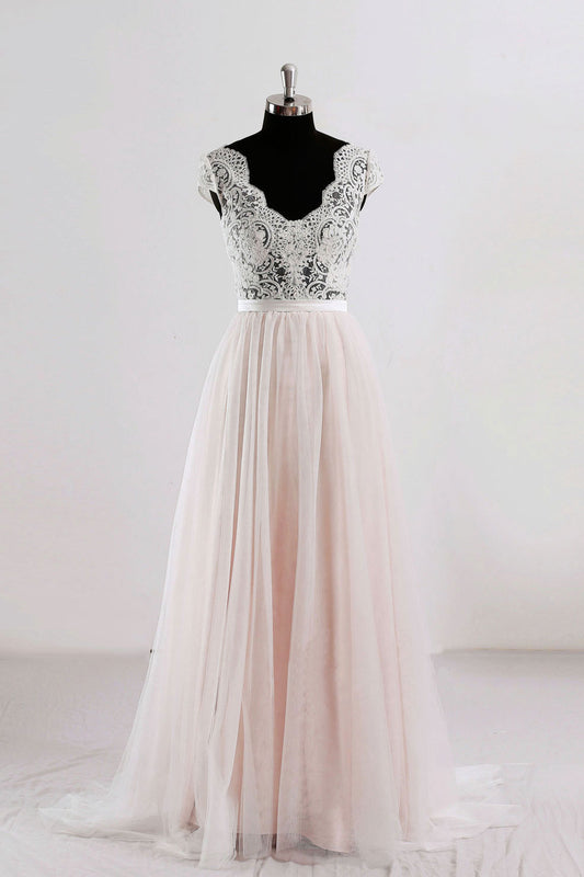 Pink v neck lace tulle long prom dress, pink wedding dress