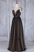 Black v neck lace tulle long prom dress, black bridesmaid dress