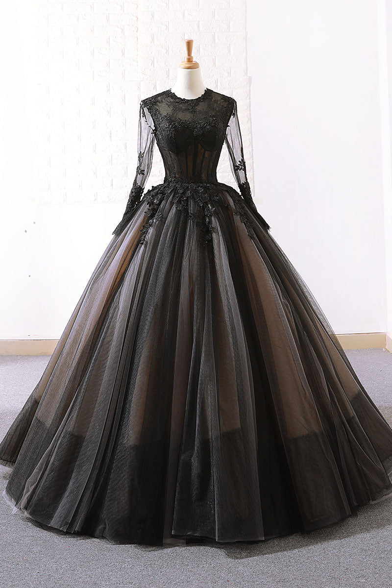 Black tulle lace long prom dress, tulle lace evening dress