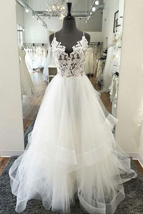 White v neck lace tulle long prom dress, white tulle evening dress