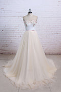 Light champagne lace tulle long prom dress, champagne lace wedding dress