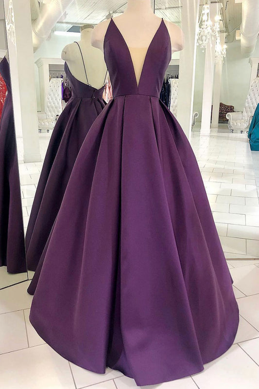 Purple satin long prom dress, simple purple evening dress