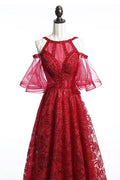 Burgundy tulle lace beads long prom dress, burgundy evening dress