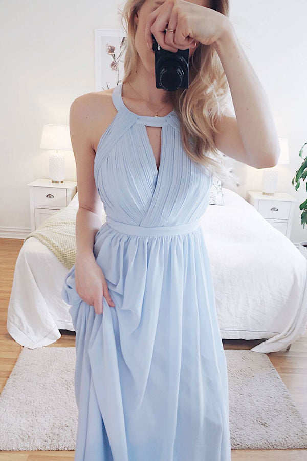 Simple round neck chiffon blue long prom dress, blue evening dress