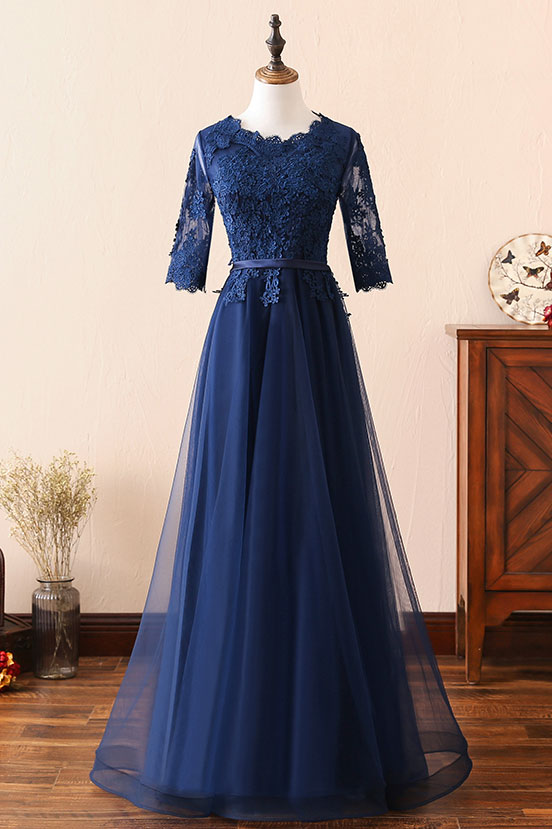 Dark blue round neck lace tulle long prom dress, blue bridesmaid dress