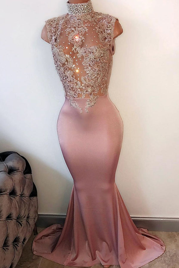 Pink lace sequin mermaid long prom dress, mermaid long evening dress