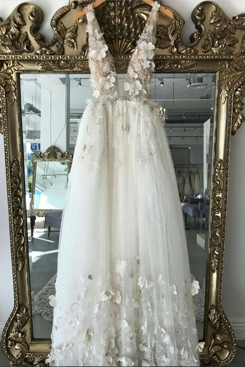 White v neck tulle lace long prom dress, white evening dress