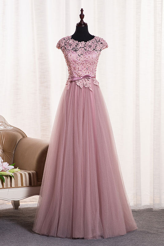 Pink round neck tulle lace applique long prom dress, tulle evening dress