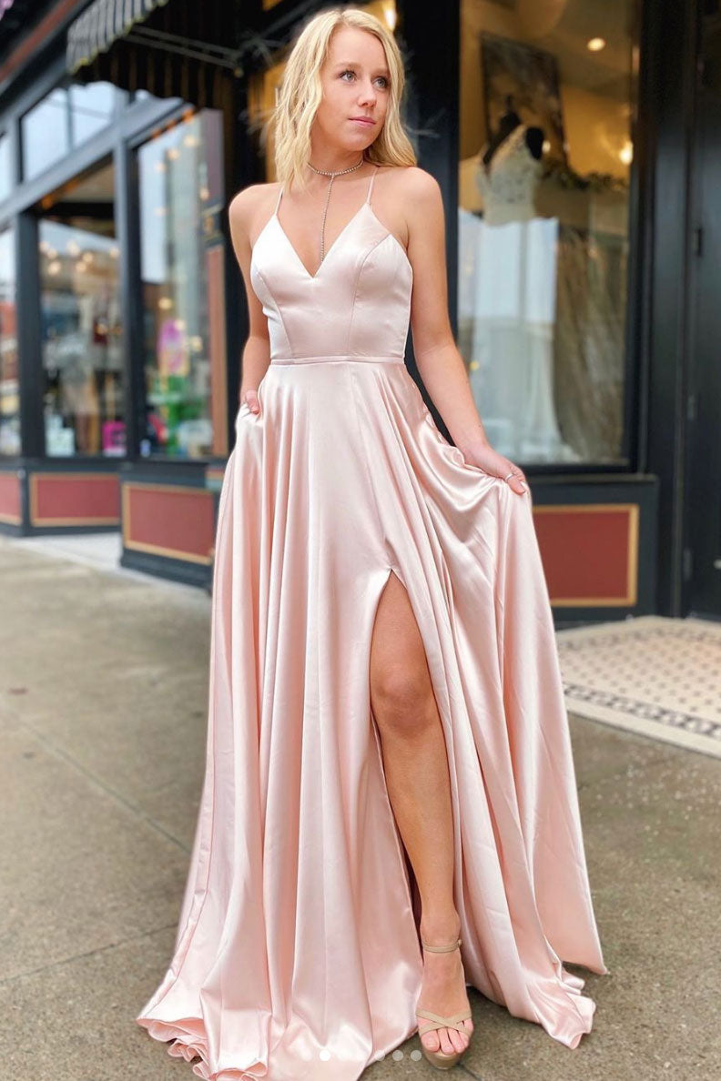 Simple pink satin long prom dress long evening dress