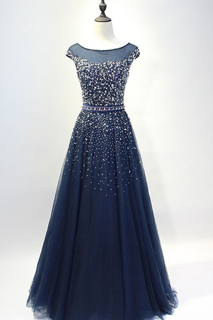 Dark blue round neck sequin tulle long prom dress, tulle evening dress