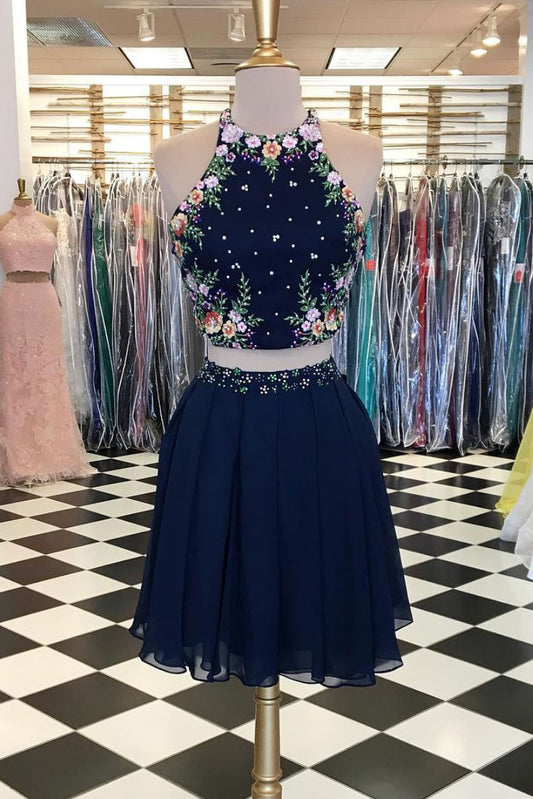 Unique dark blue two pieces short prom dress, cute homecoming dress