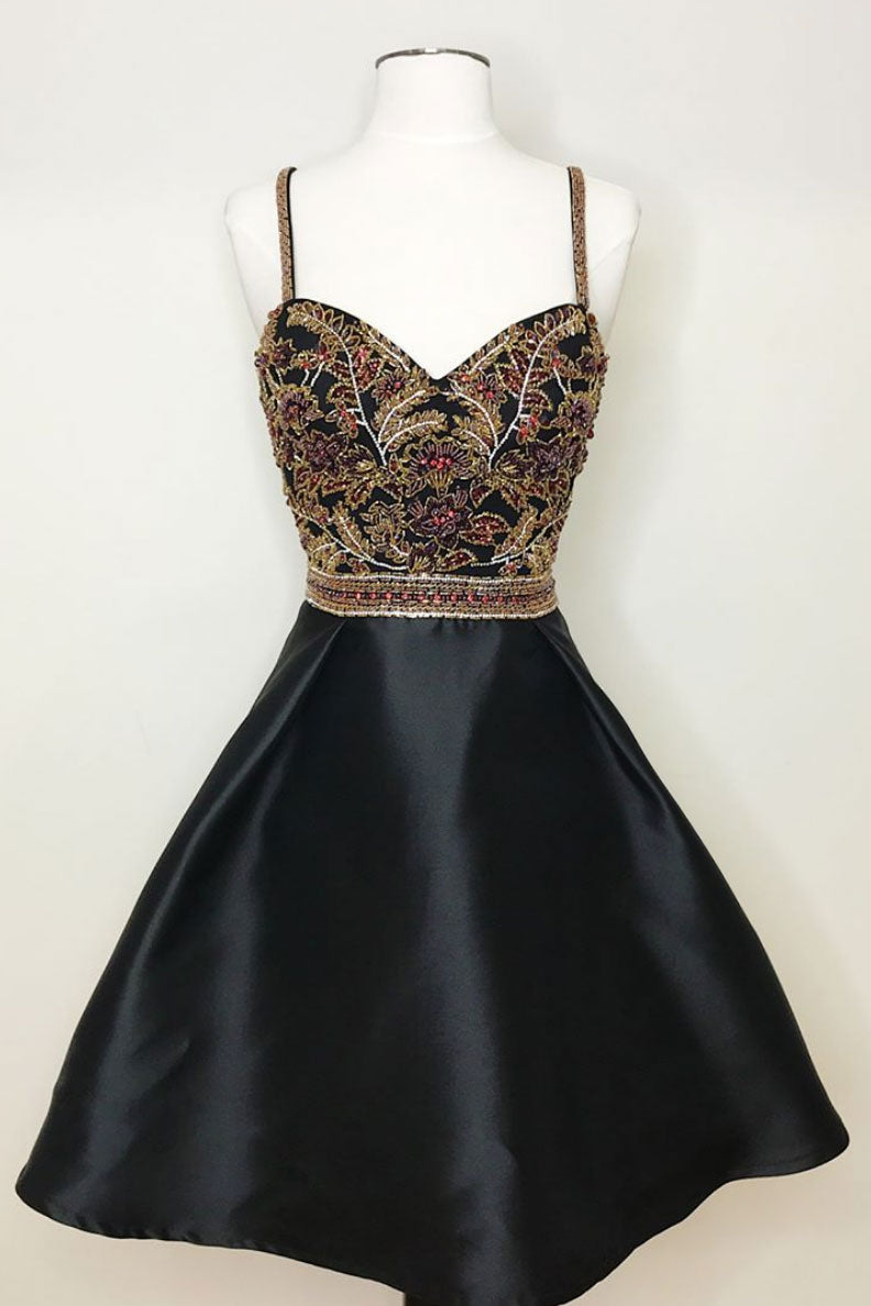 Cute sweetheart neck black beads short prom dress, homecoming dress