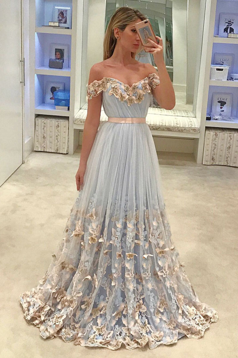 Unique sweetheart neck off shoulder tulle lace applique long prom dress